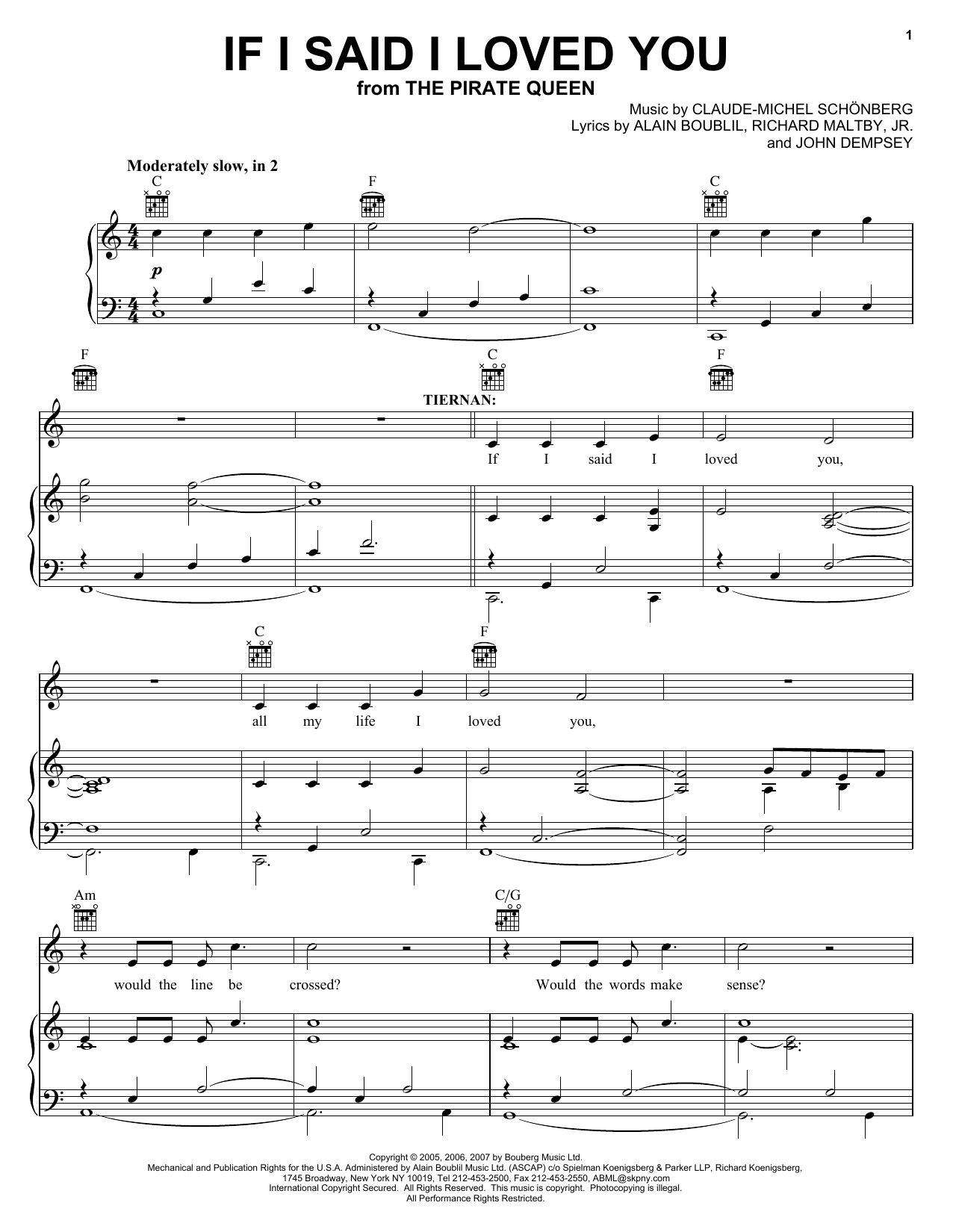 Download Boublil and Schonberg If I Said I Loved You Sheet Music and learn how to play Piano, Vocal & Guitar (Right-Hand Melody) PDF digital score in minutes