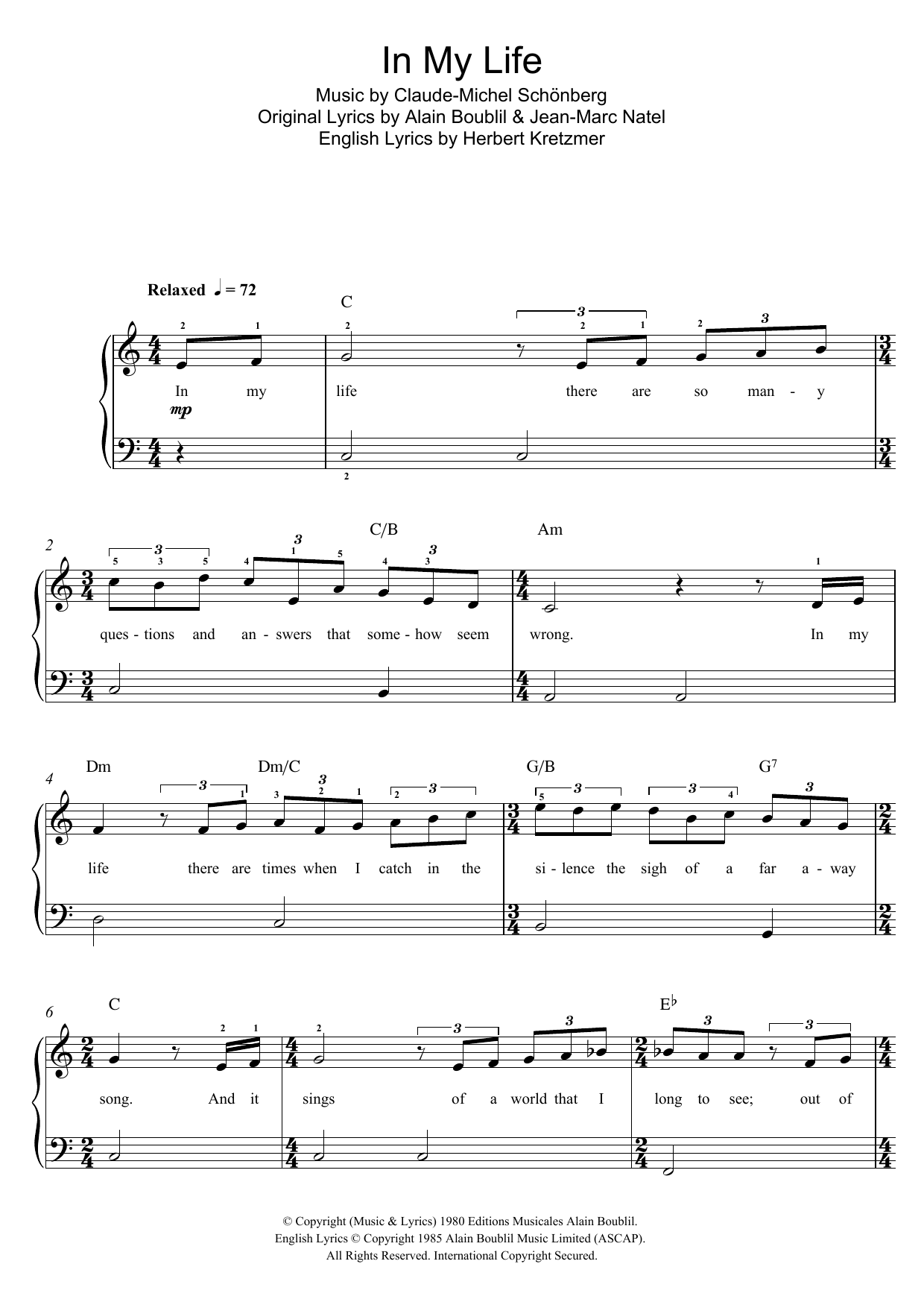 Download Boublil and Schonberg In My Life (from Les Miserables) Sheet Music and learn how to play Beginner Piano PDF digital score in minutes