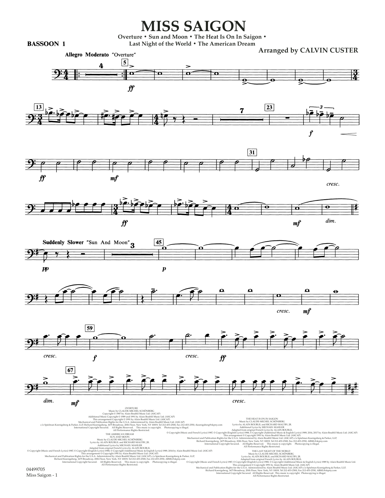 Download Boublil and Schonberg Miss Saigon (arr. Calvin Custer) - Bassoon 1 Sheet Music and learn how to play Full Orchestra PDF digital score in minutes