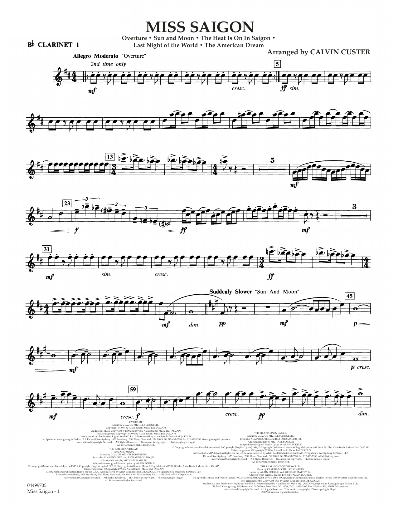 Download Boublil and Schonberg Miss Saigon (arr. Calvin Custer) - Bb Clarinet 1 Sheet Music and learn how to play Full Orchestra PDF digital score in minutes
