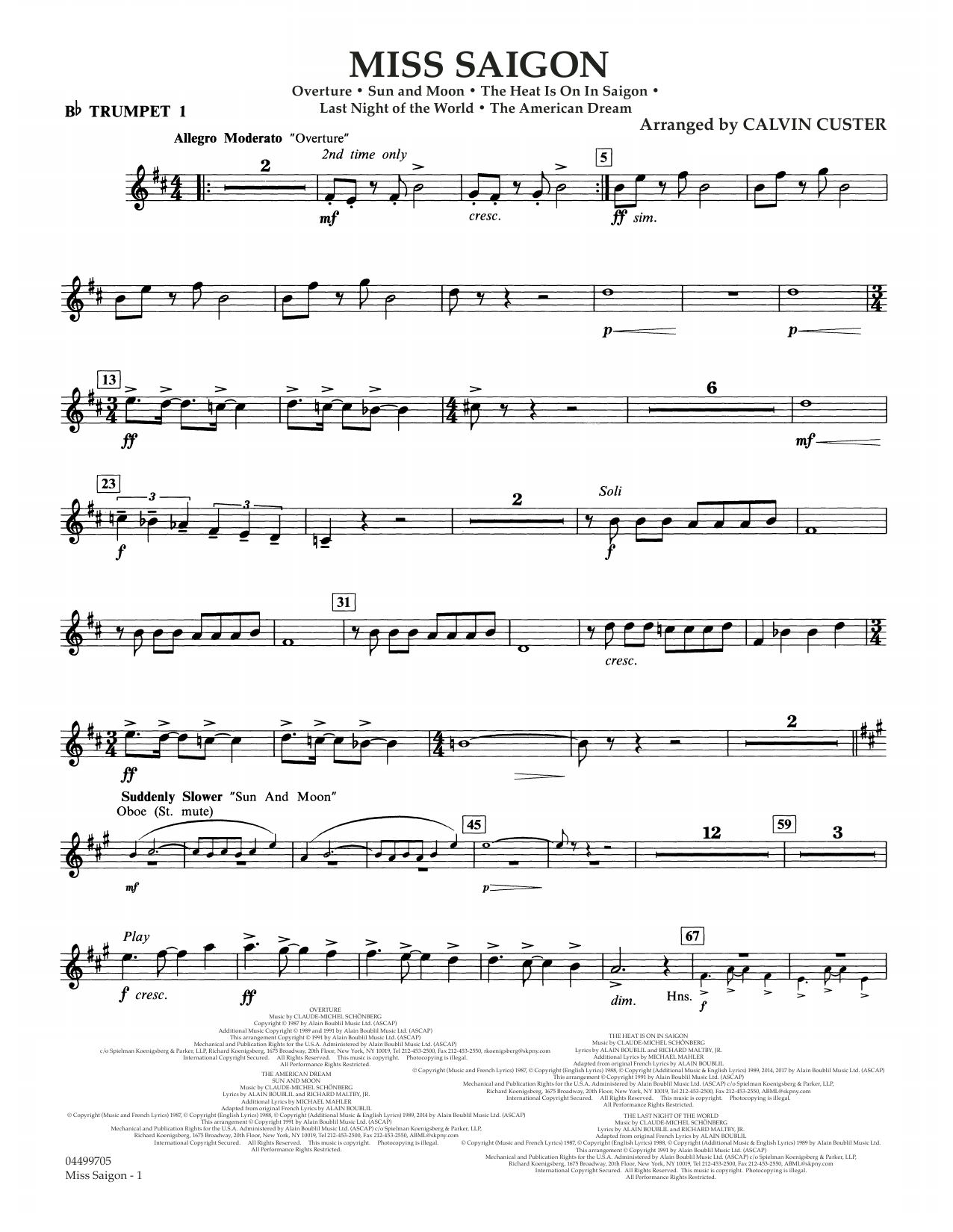 Download Boublil and Schonberg Miss Saigon (arr. Calvin Custer) - Bb Trumpet 1 Sheet Music and learn how to play Full Orchestra PDF digital score in minutes