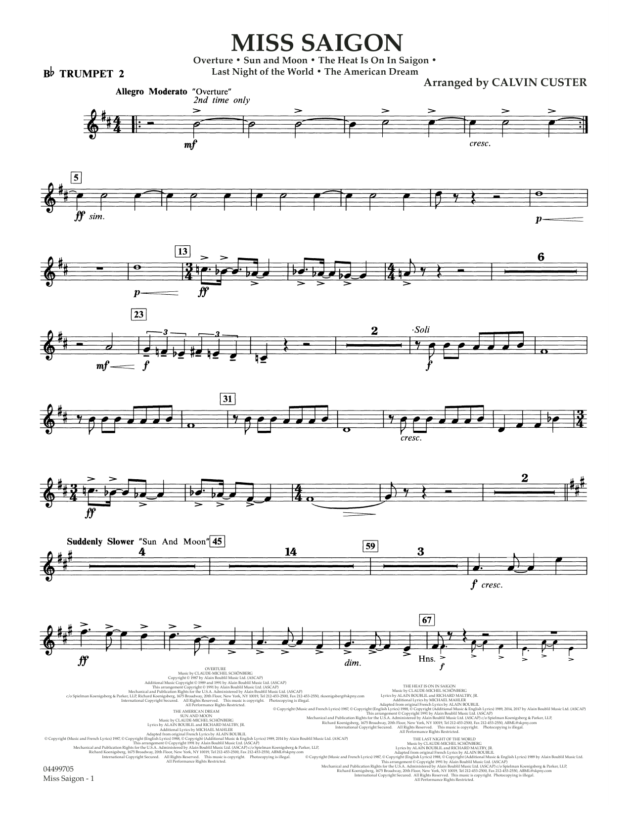 Download Boublil and Schonberg Miss Saigon (arr. Calvin Custer) - Bb Trumpet 2 Sheet Music and learn how to play Full Orchestra PDF digital score in minutes