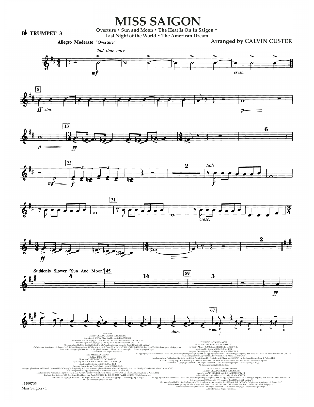 Download Boublil and Schonberg Miss Saigon (arr. Calvin Custer) - Bb Trumpet 3 Sheet Music and learn how to play Full Orchestra PDF digital score in minutes