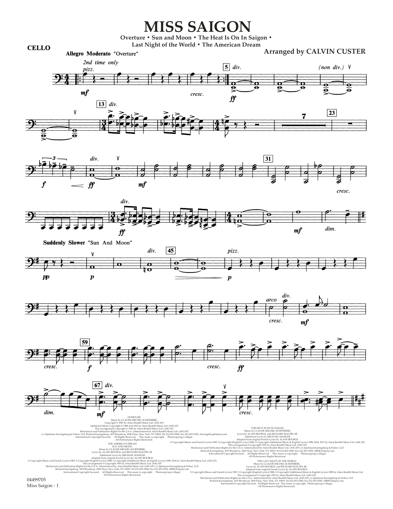 Download Boublil and Schonberg Miss Saigon (arr. Calvin Custer) - Cello Sheet Music and learn how to play Full Orchestra PDF digital score in minutes