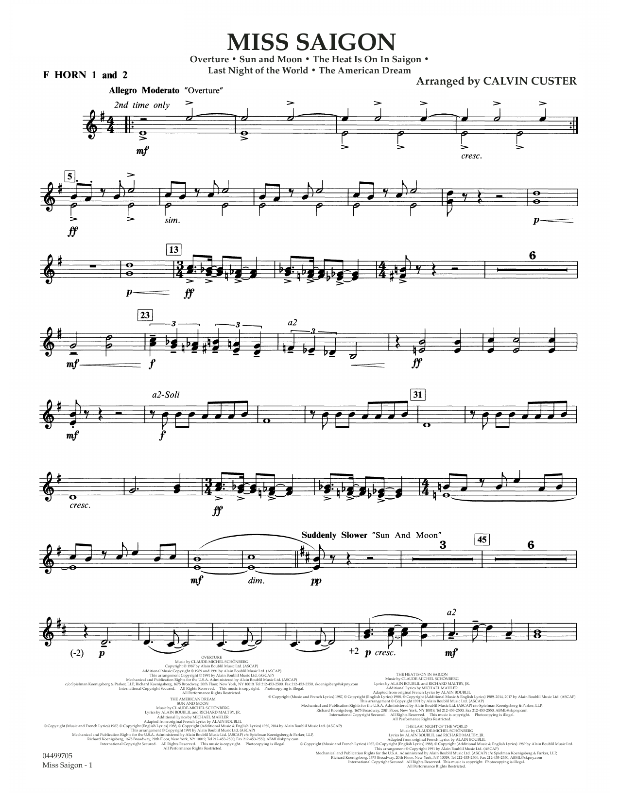 Download Boublil and Schonberg Miss Saigon (arr. Calvin Custer) - F Horn 1 & 2 Sheet Music and learn how to play Full Orchestra PDF digital score in minutes