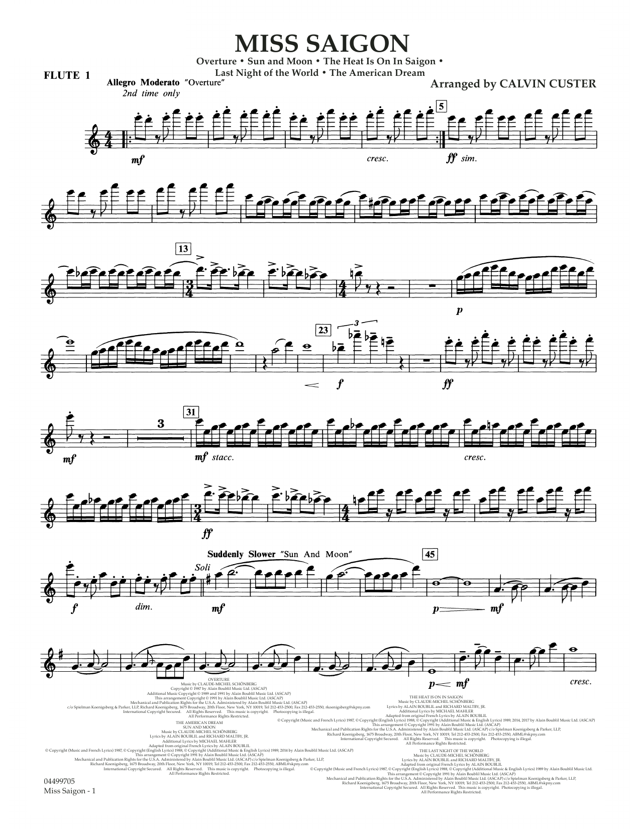Download Boublil and Schonberg Miss Saigon (arr. Calvin Custer) - Flute 1 Sheet Music and learn how to play Full Orchestra PDF digital score in minutes