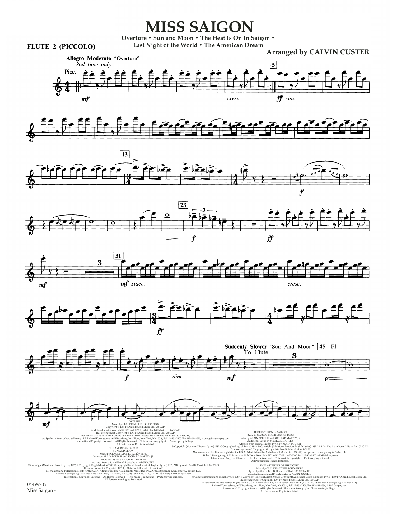 Download Boublil and Schonberg Miss Saigon (arr. Calvin Custer) - Flute 2 (Piccolo) Sheet Music and learn how to play Full Orchestra PDF digital score in minutes