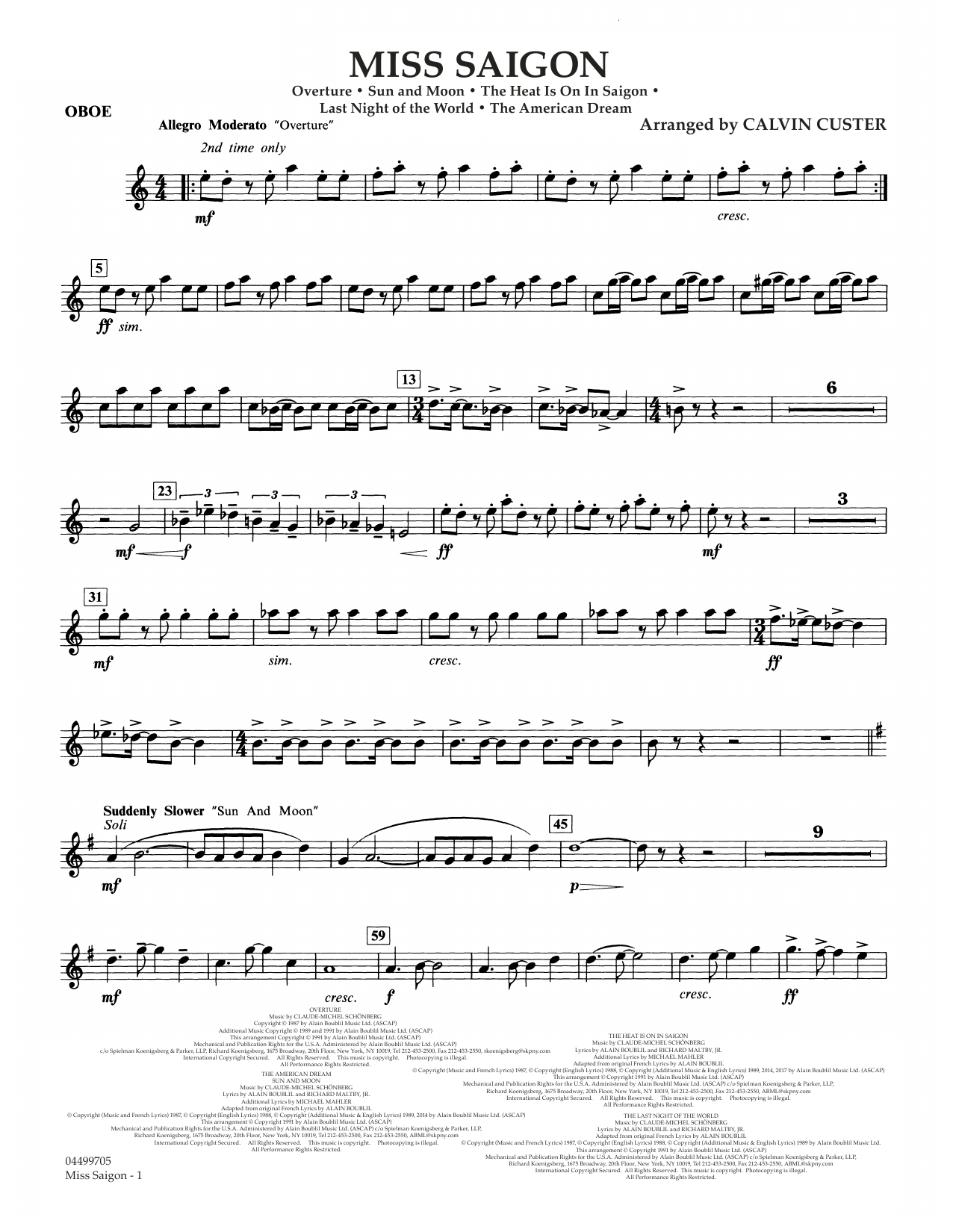 Download Boublil and Schonberg Miss Saigon (arr. Calvin Custer) - Oboe Sheet Music and learn how to play Full Orchestra PDF digital score in minutes