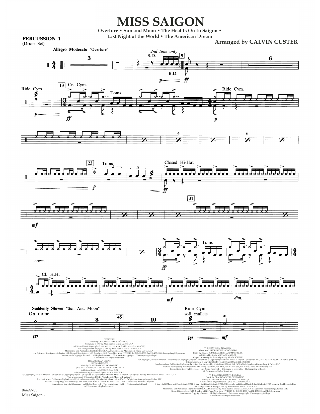 Download Boublil and Schonberg Miss Saigon (arr. Calvin Custer) - Percussion 1 Sheet Music and learn how to play Full Orchestra PDF digital score in minutes