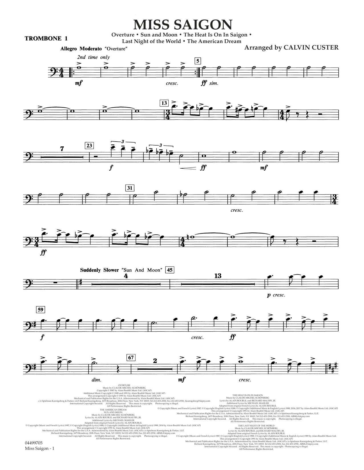 Download Boublil and Schonberg Miss Saigon (arr. Calvin Custer) - Trombone 1 Sheet Music and learn how to play Full Orchestra PDF digital score in minutes