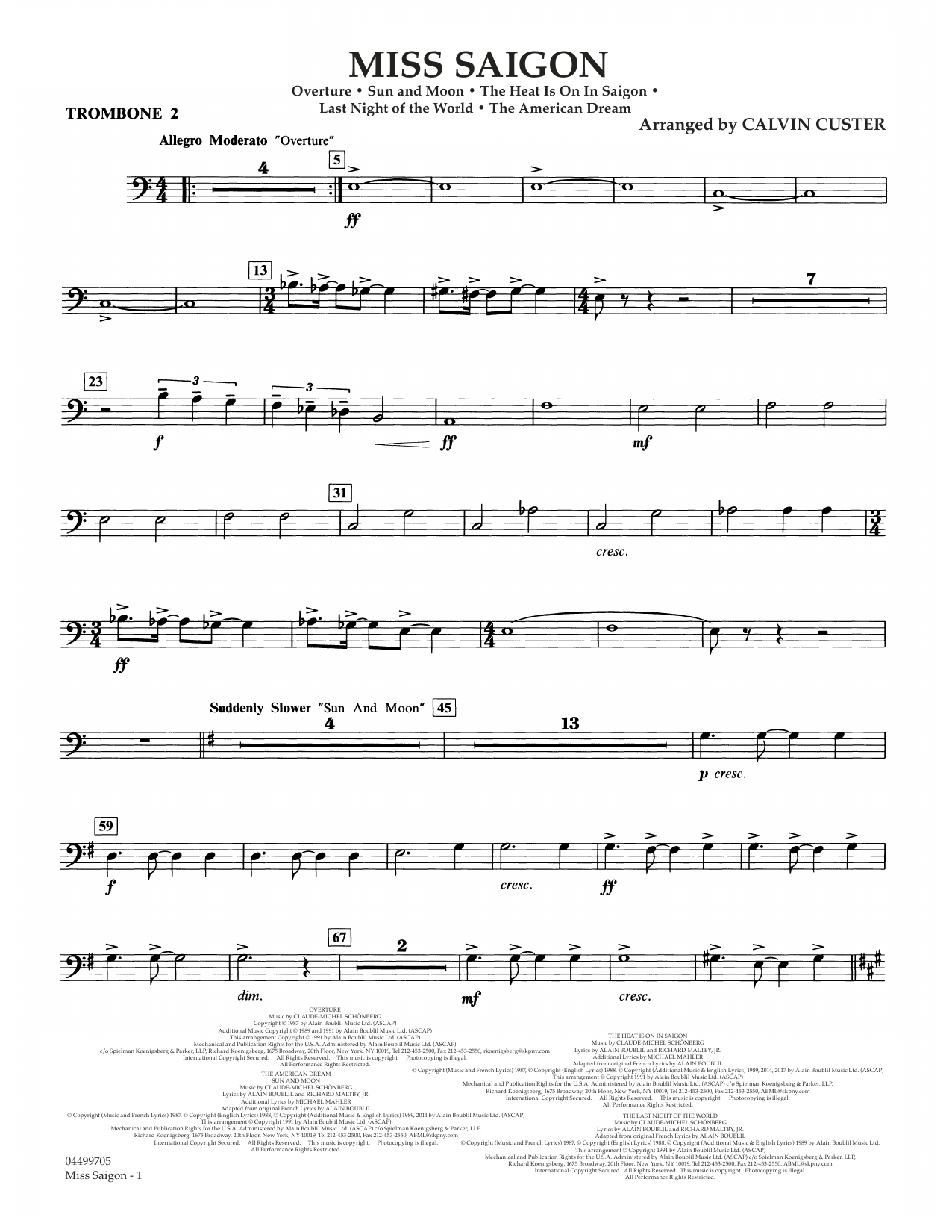 Download Boublil and Schonberg Miss Saigon (arr. Calvin Custer) - Trombone 2 Sheet Music and learn how to play Full Orchestra PDF digital score in minutes