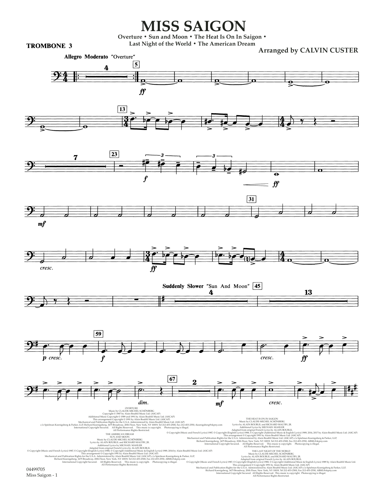 Download Boublil and Schonberg Miss Saigon (arr. Calvin Custer) - Trombone 3 Sheet Music and learn how to play Full Orchestra PDF digital score in minutes