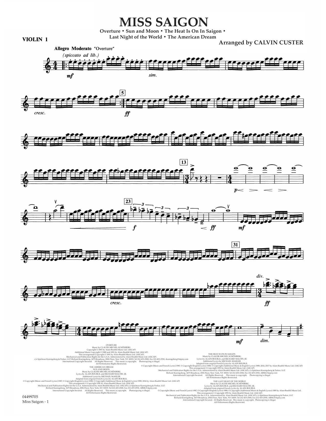 Download Boublil and Schonberg Miss Saigon (arr. Calvin Custer) - Violin 1 Sheet Music and learn how to play Full Orchestra PDF digital score in minutes