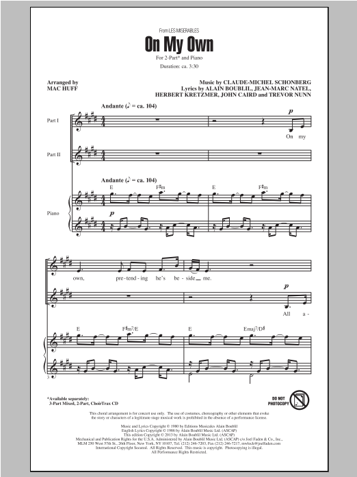 Download Boublil and Schonberg On My Own (arr. Mac Huff) Sheet Music and learn how to play 2-Part Choir PDF digital score in minutes