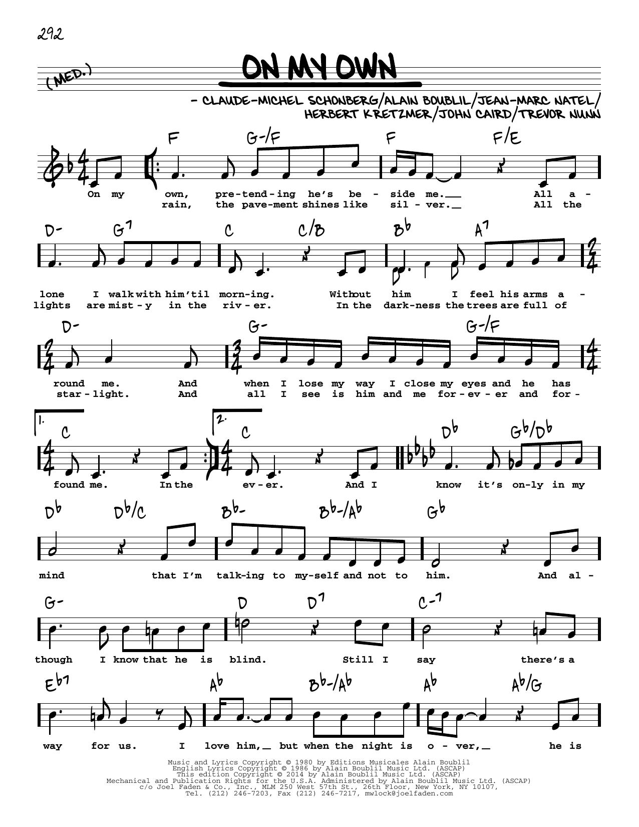 Download Boublil and Schonberg On My Own (from Les Miserables) (High Voice) Sheet Music and learn how to play Real Book – Melody, Lyrics & Chords PDF digital score in minutes