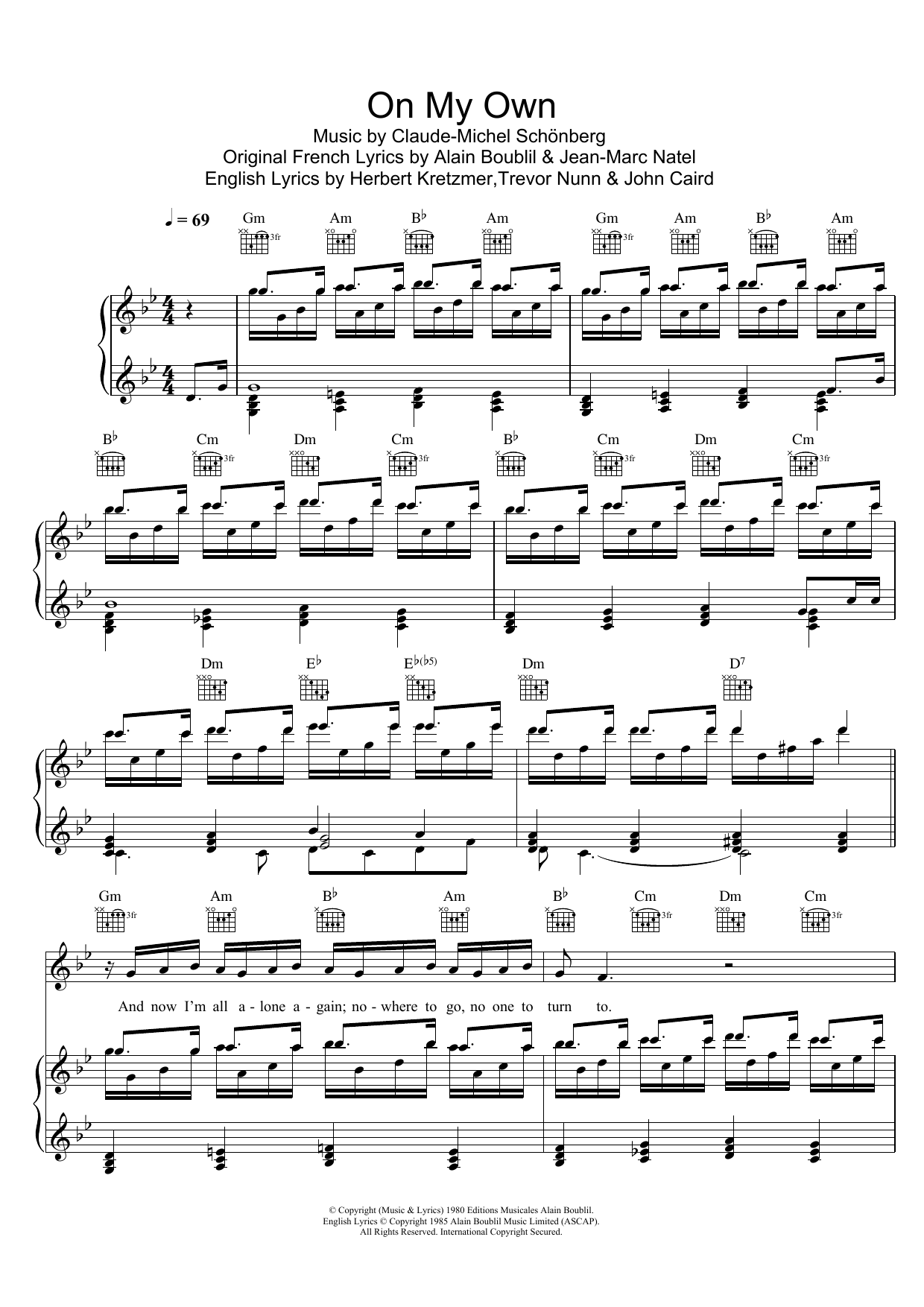 Download Boublil and Schonberg On My Own (from Les Miserables) Sheet Music and learn how to play Beginner Piano PDF digital score in minutes