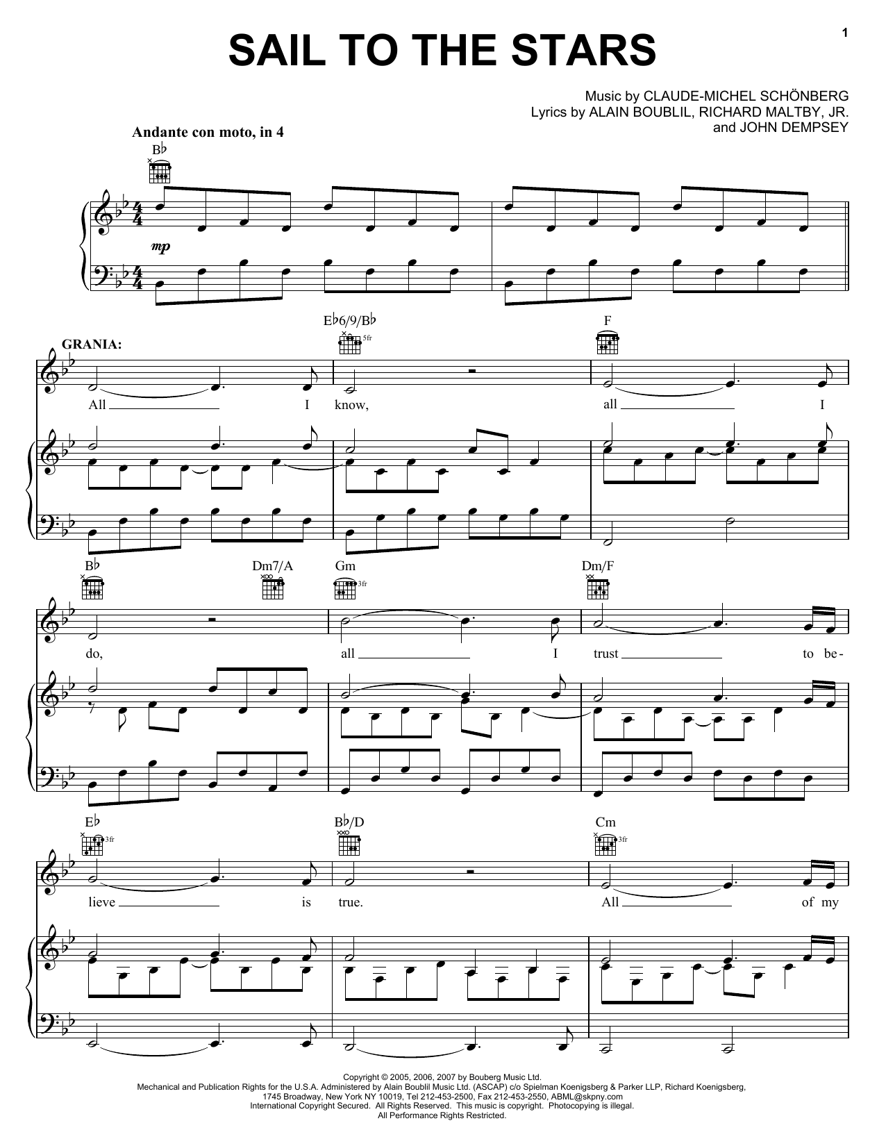 Download Boublil and Schonberg Sail To The Stars Sheet Music and learn how to play Piano, Vocal & Guitar (Right-Hand Melody) PDF digital score in minutes