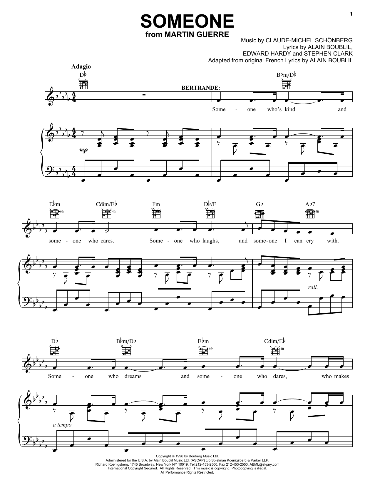 Download Boublil and Schonberg Someone (from Martin Guerre) Sheet Music and learn how to play Piano, Vocal & Guitar (Right-Hand Melody) PDF digital score in minutes