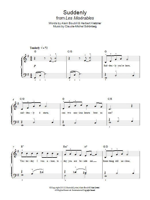 Download Boublil and Schonberg Suddenly (from Les Miserables The Movie) Sheet Music and learn how to play Easy Piano PDF digital score in minutes