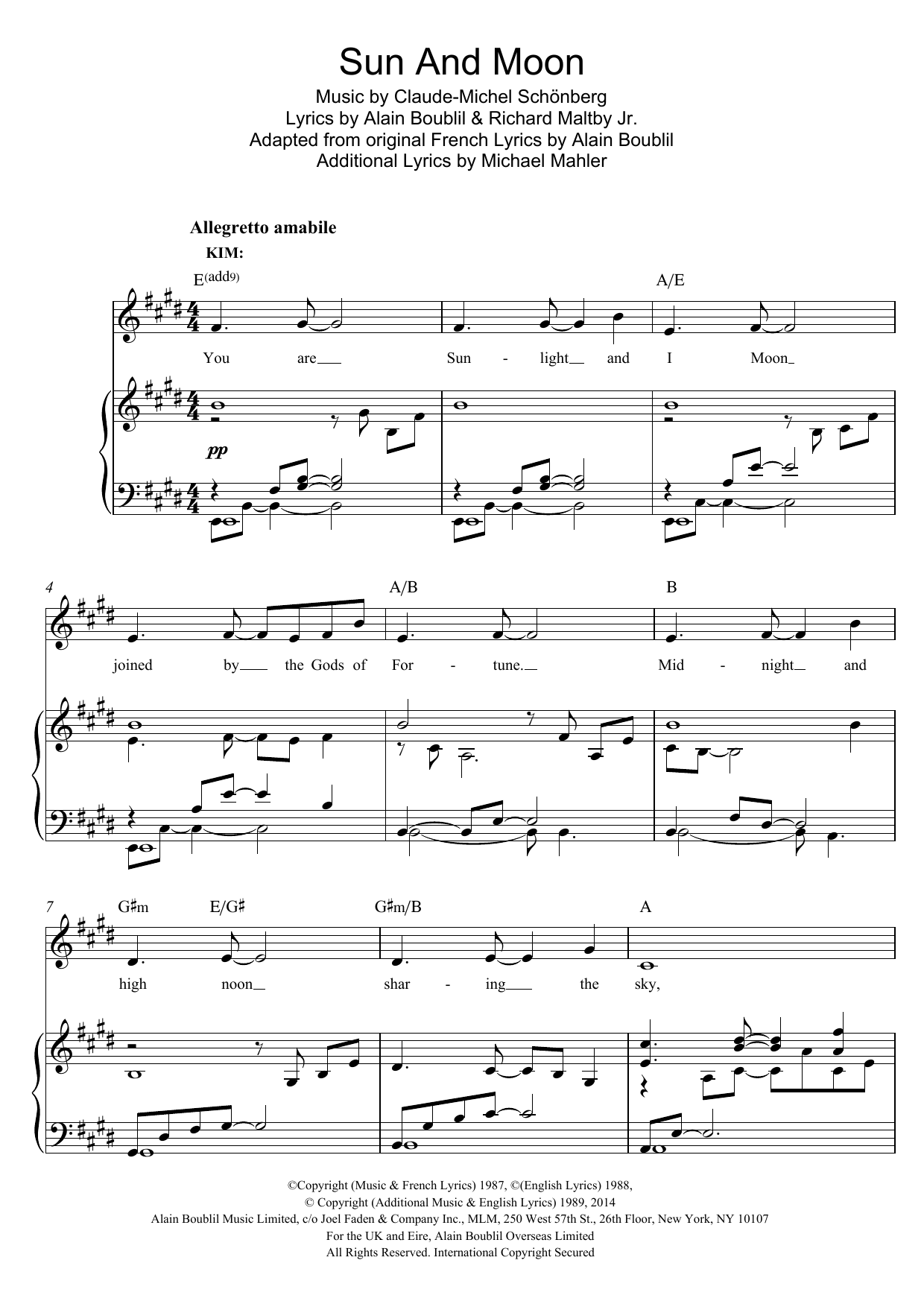 Download Boublil and Schonberg Sun And Moon Sheet Music and learn how to play Piano & Vocal PDF digital score in minutes
