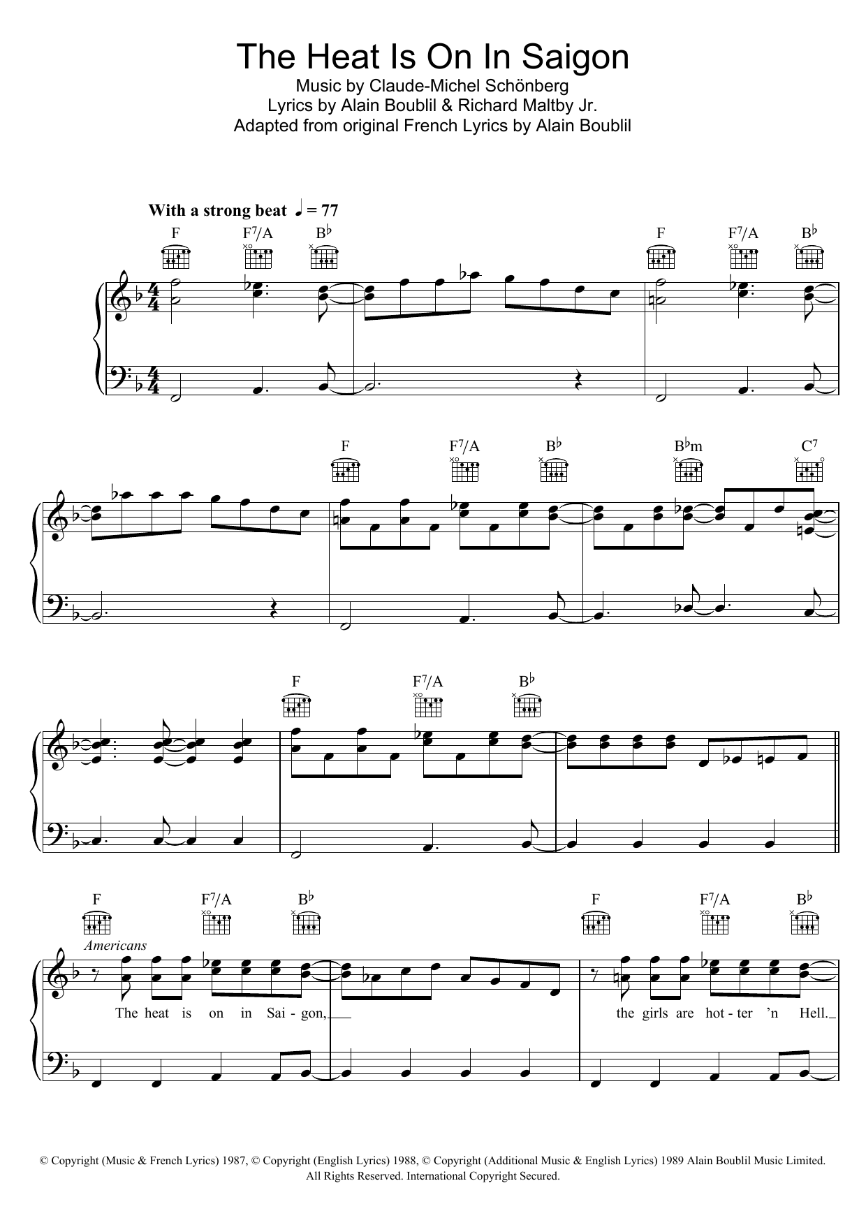 Download Boublil and Schonberg The Heat Is On In Saigon Sheet Music and learn how to play Piano, Vocal & Guitar (Right-Hand Melody) PDF digital score in minutes