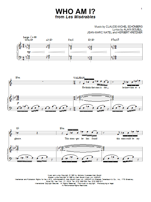 Download Boublil and Schonberg Who Am I? Sheet Music and learn how to play Piano, Vocal & Guitar (Right-Hand Melody) PDF digital score in minutes