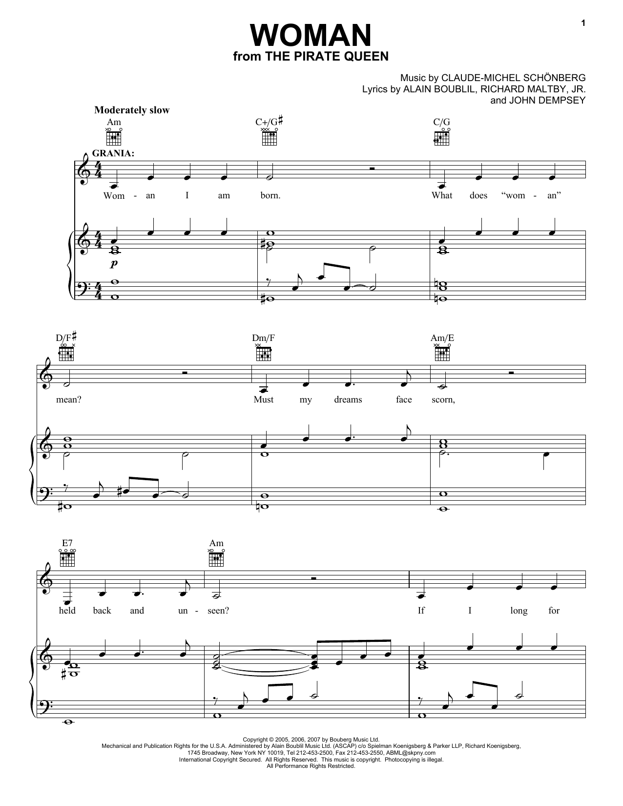 Download Boublil and Schonberg Woman Sheet Music and learn how to play Piano, Vocal & Guitar (Right-Hand Melody) PDF digital score in minutes