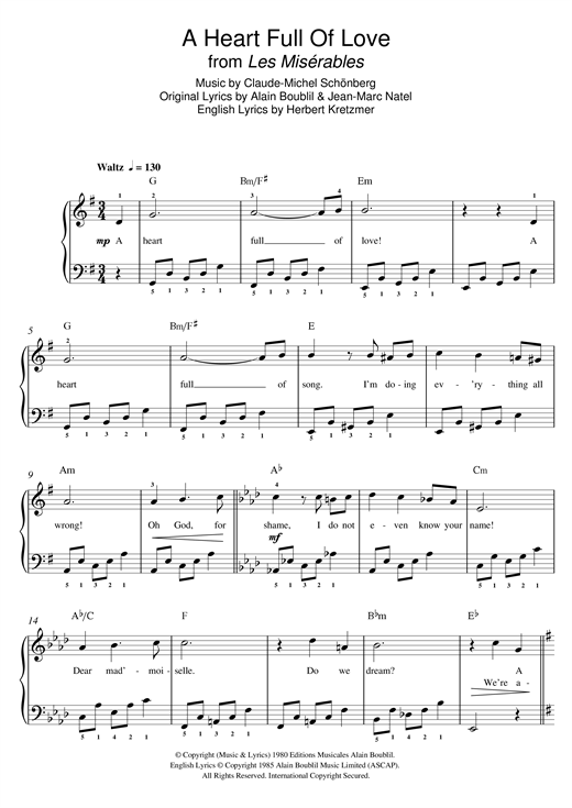Download Boublil and Schonberg A Heart Full Of Love (from Les Miserables) Sheet Music and learn how to play Beginner Piano PDF digital score in minutes