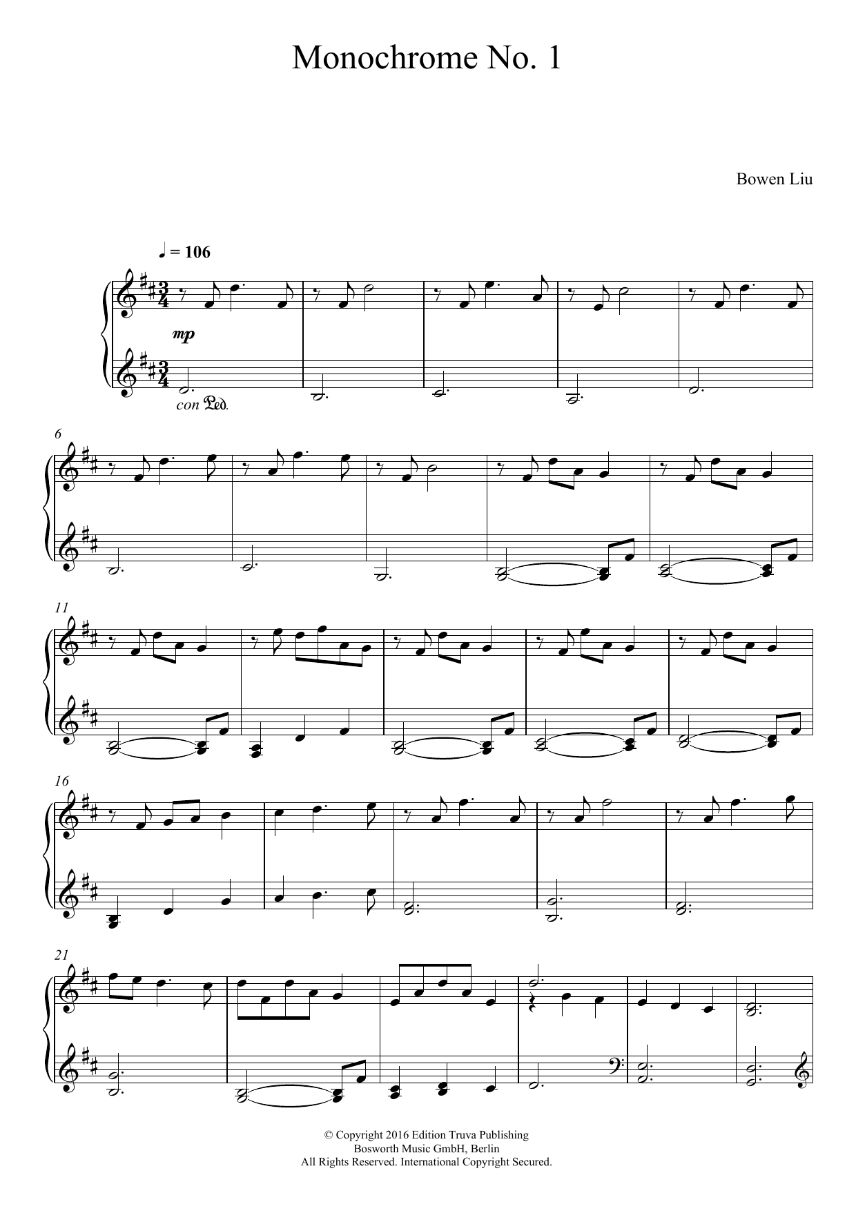 Download Bowen Liu Monochrome No. 1 Sheet Music and learn how to play Piano PDF digital score in minutes