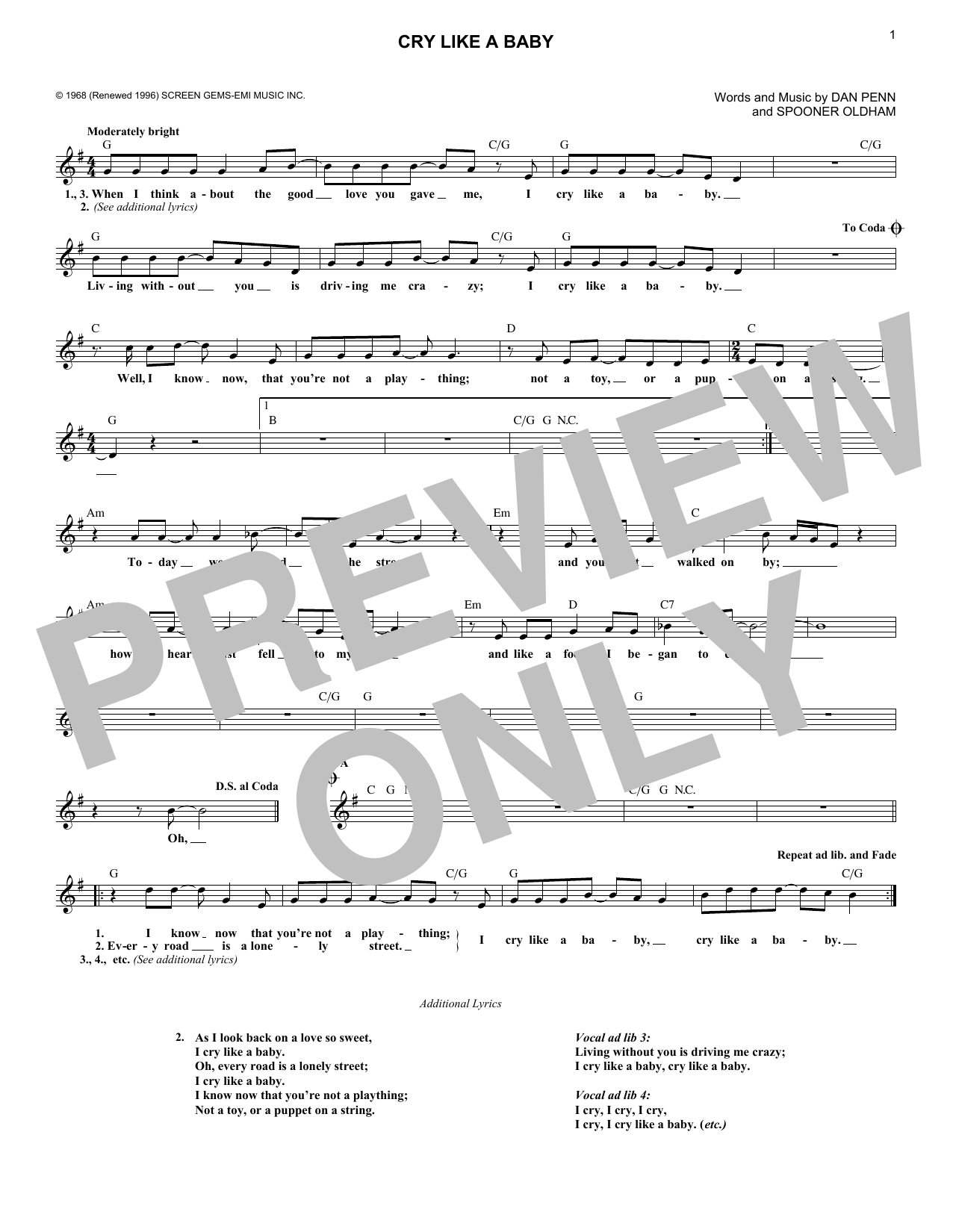 Download Box Tops Cry Like A Baby Sheet Music and learn how to play Melody Line, Lyrics & Chords PDF digital score in minutes