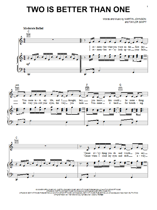 Download Boys Like Girls Two Is Better Than One (feat. Taylor Swift) Sheet Music and learn how to play Piano, Vocal & Guitar (Right-Hand Melody) PDF digital score in minutes