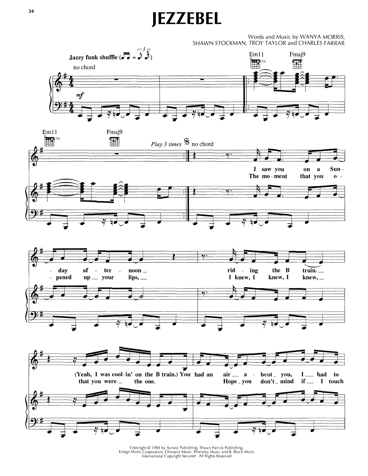 Download Boyz II Men Jezzebel Sheet Music and learn how to play Piano, Vocal & Guitar Chords (Right-Hand Melody) PDF digital score in minutes