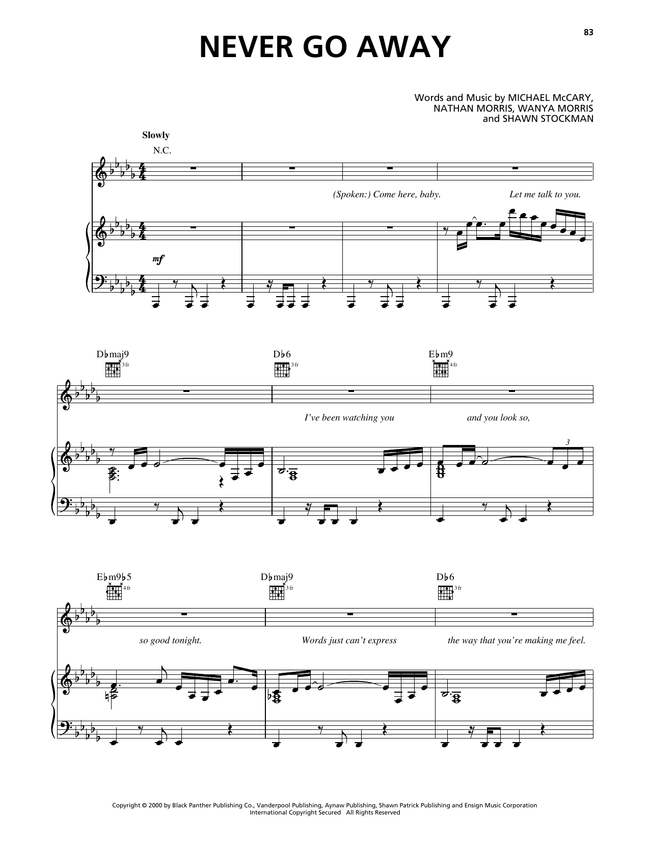 Download Boyz II Men Never Go Away Sheet Music and learn how to play Piano, Vocal & Guitar Chords (Right-Hand Melody) PDF digital score in minutes