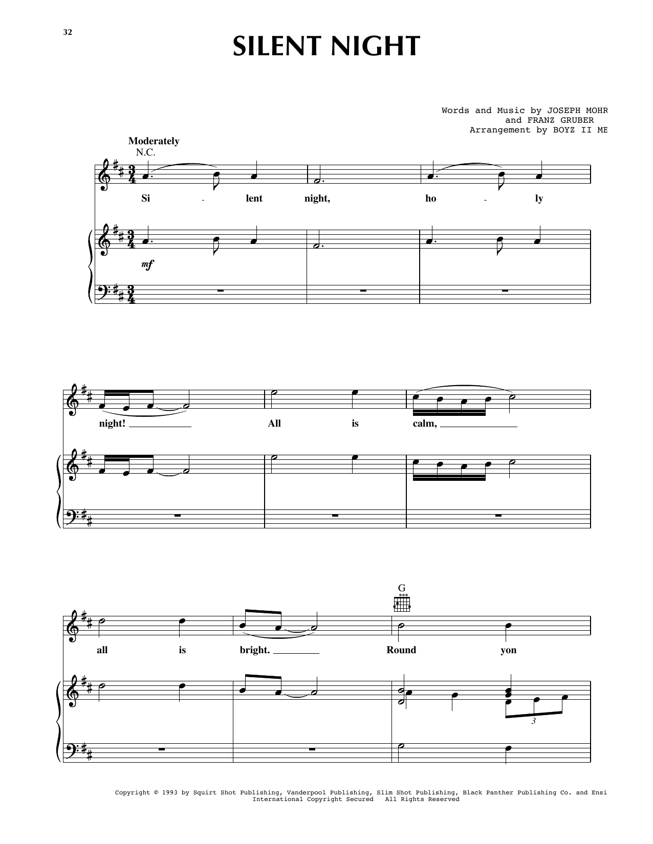Download Boyz II Men Silent Night Sheet Music and learn how to play Piano, Vocal & Guitar Chords (Right-Hand Melody) PDF digital score in minutes