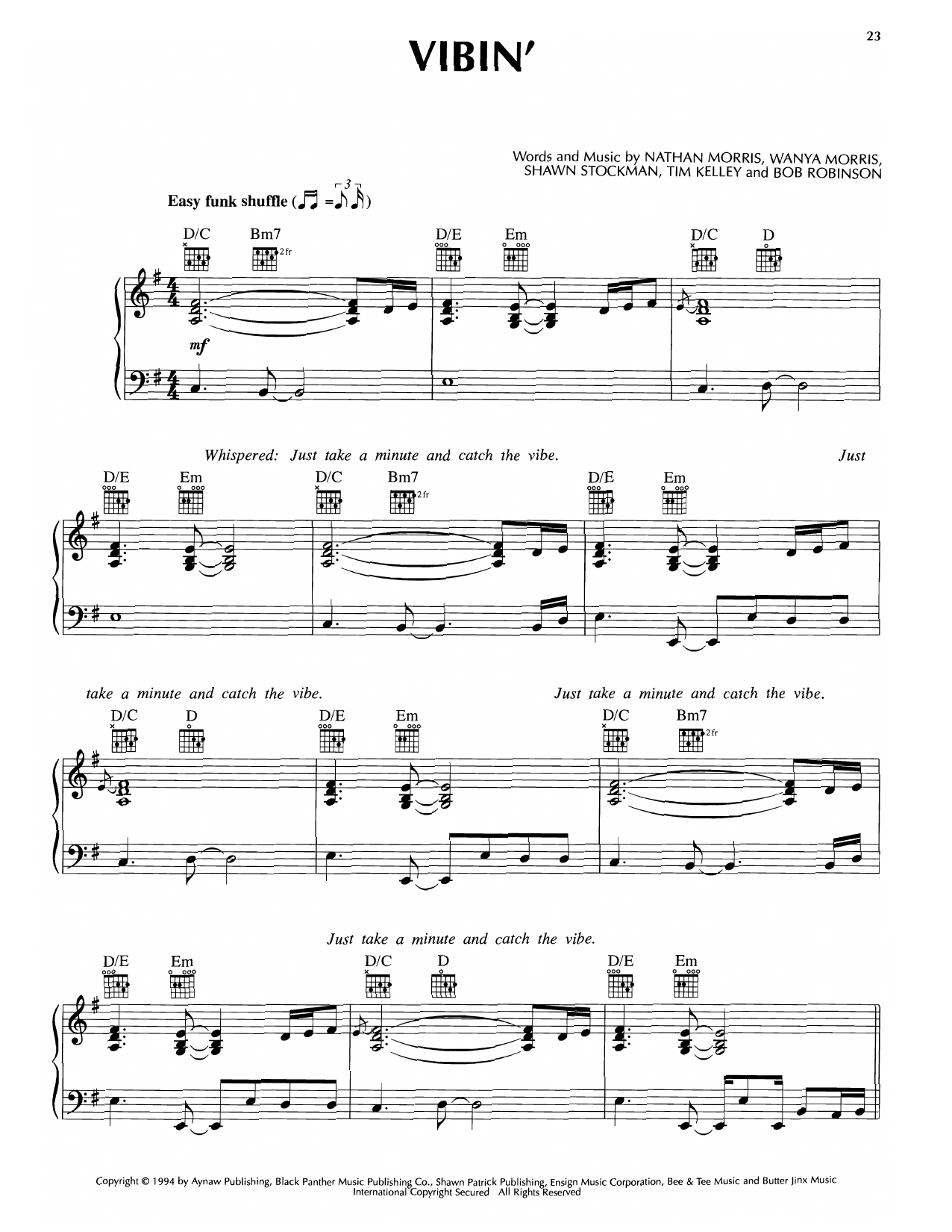 Download Boyz II Men Vibin' Sheet Music and learn how to play Piano, Vocal & Guitar Chords (Right-Hand Melody) PDF digital score in minutes