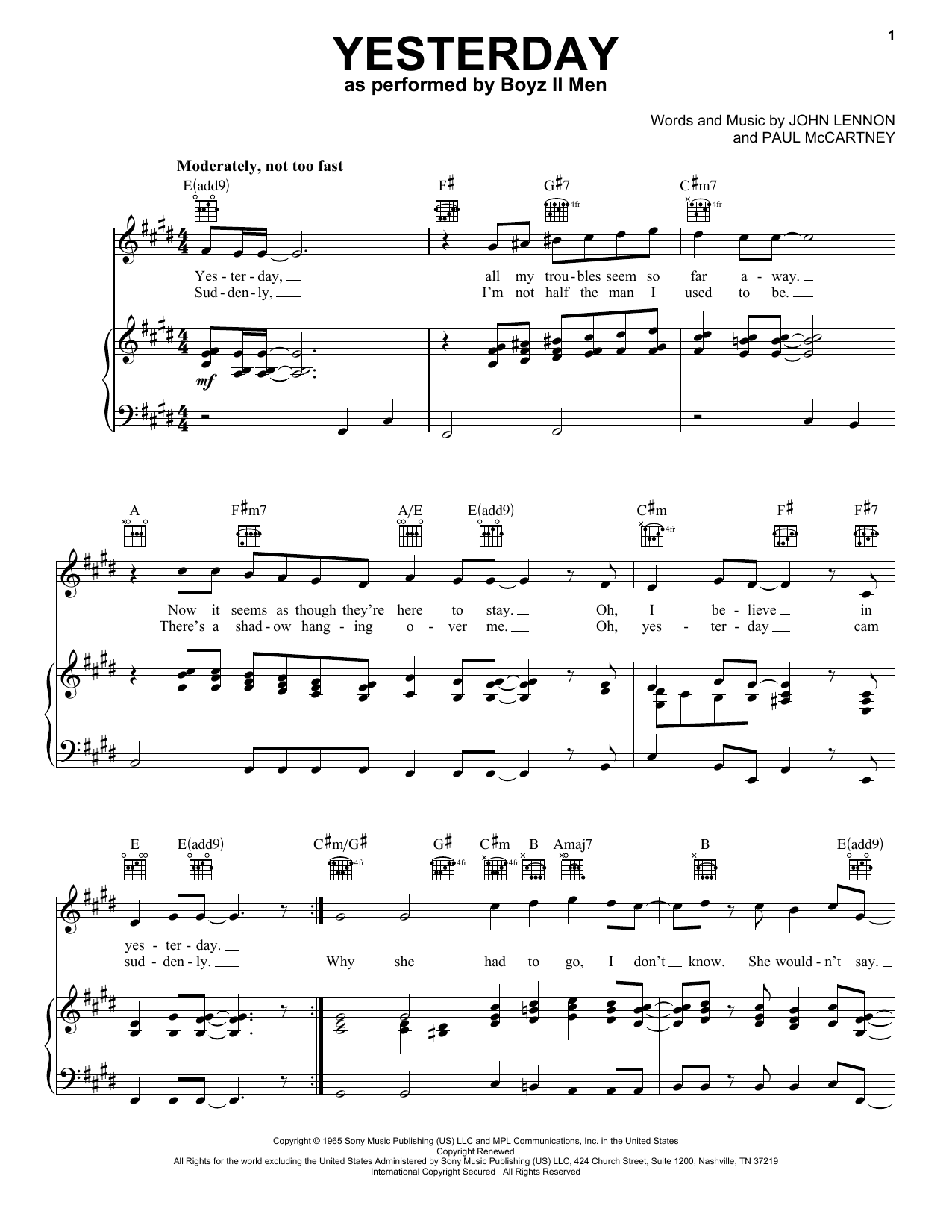 Download Boyz II Men Yesterday Sheet Music and learn how to play Piano, Vocal & Guitar Chords (Right-Hand Melody) PDF digital score in minutes