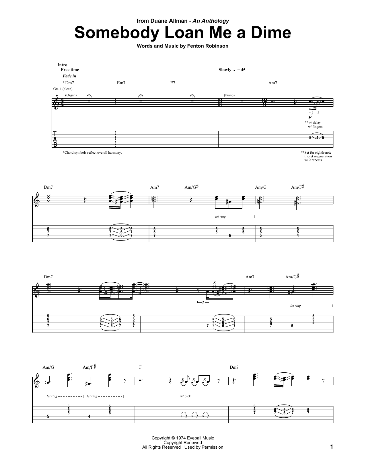 Download Duane Allman Somebody Loan Me A Dime Sheet Music and learn how to play Guitar Tab PDF digital score in minutes