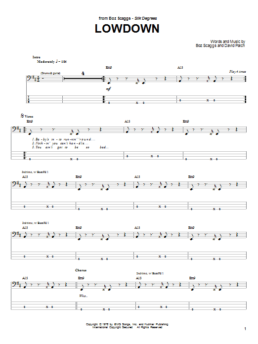 Download Boz Scaggs Lowdown Sheet Music and learn how to play Bass Guitar Tab PDF digital score in minutes