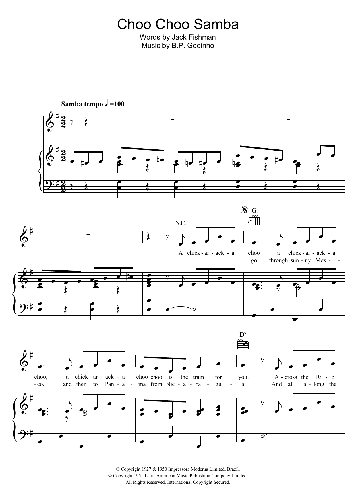 Download B.P. Godinho Choo Choo Samba Sheet Music and learn how to play Piano, Vocal & Guitar (Right-Hand Melody) PDF digital score in minutes