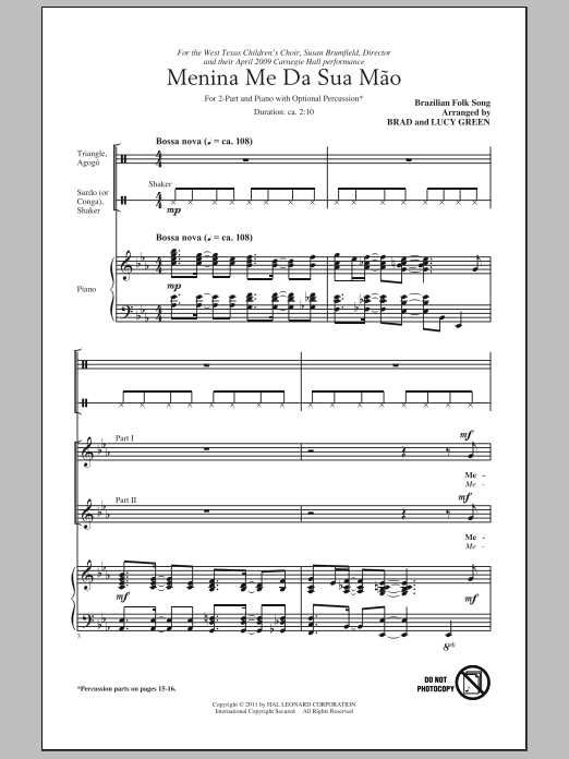 Download Brad Green Menina Me Da Sua Mao (Give Me Your Hand, Menina) Sheet Music and learn how to play 2-Part Choir PDF digital score in minutes