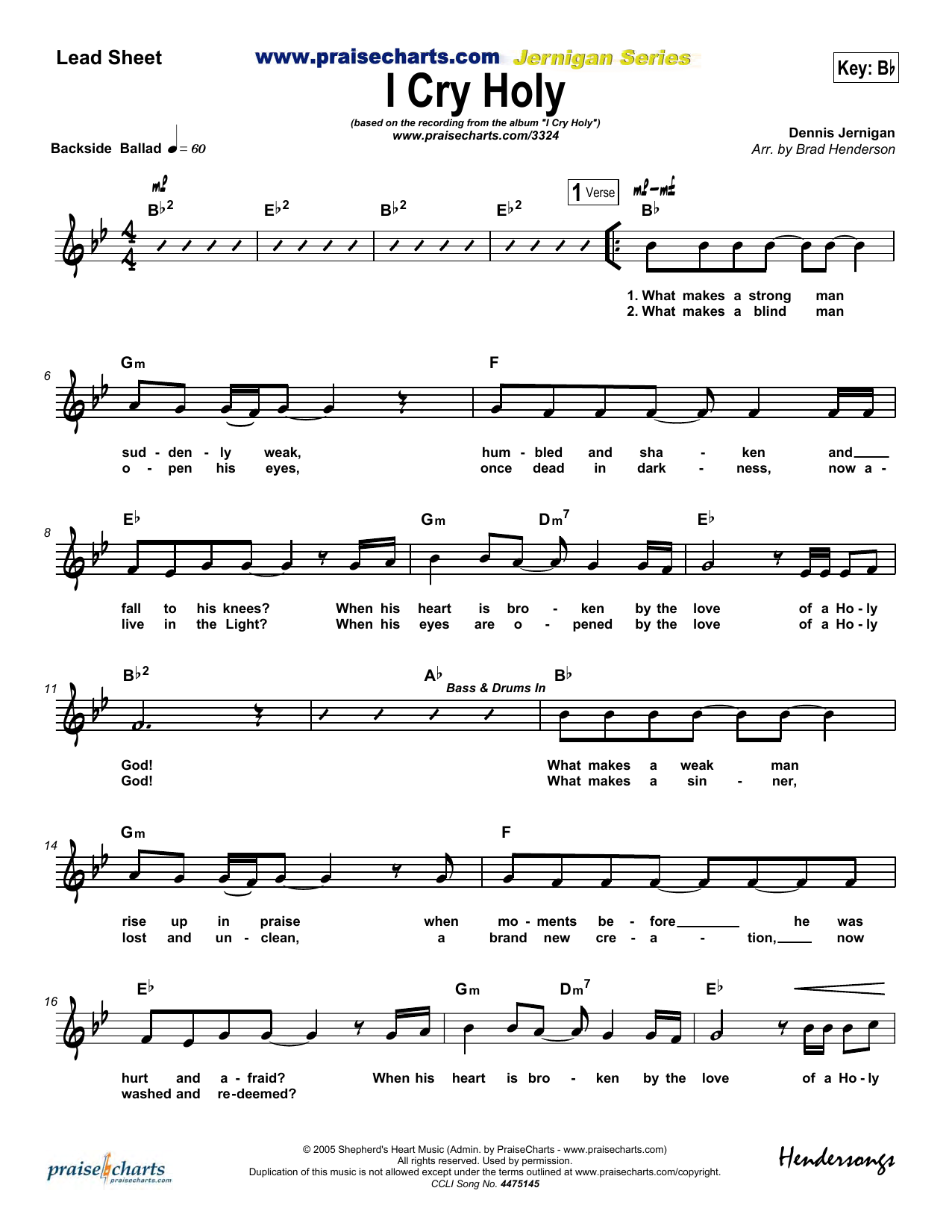 Download Brad Henderson I Cry Holy Sheet Music and learn how to play Lead Sheet / Fake Book PDF digital score in minutes