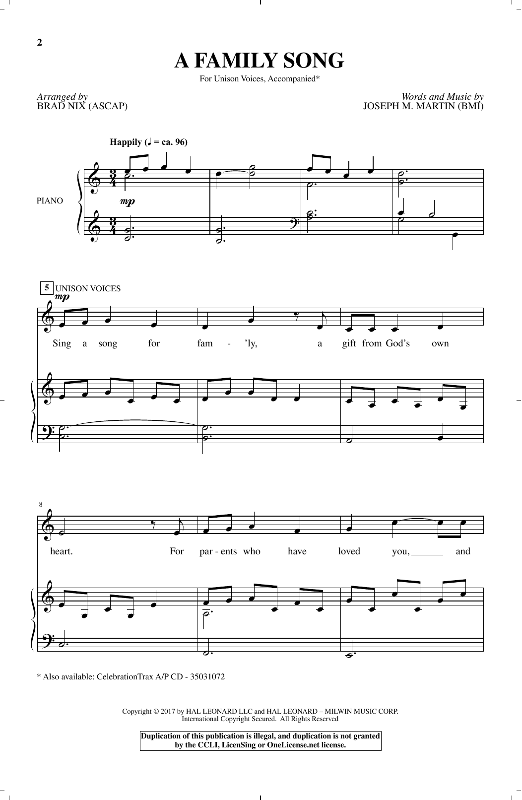 Download Brad Nix A Family Song Sheet Music and learn how to play Unison Choral PDF digital score in minutes