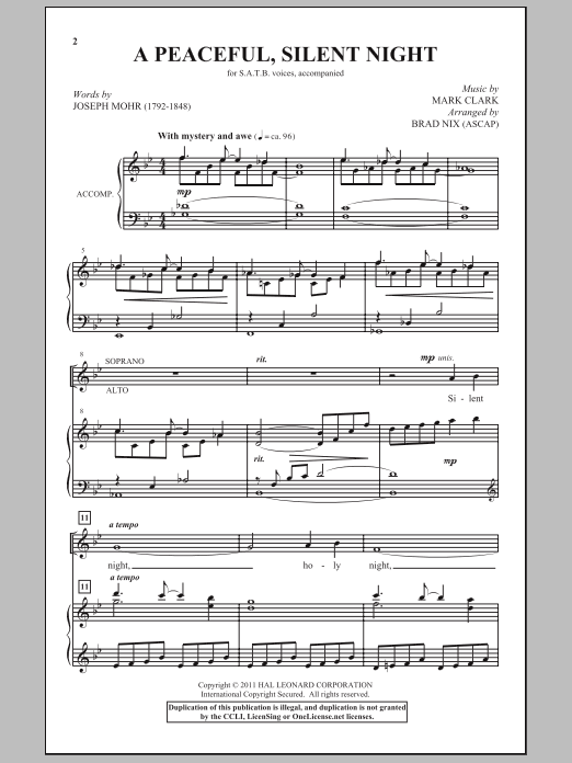 Download Mark Clark A Peaceful, Silent Night (arr. Brad Nix) Sheet Music and learn how to play SATB PDF digital score in minutes