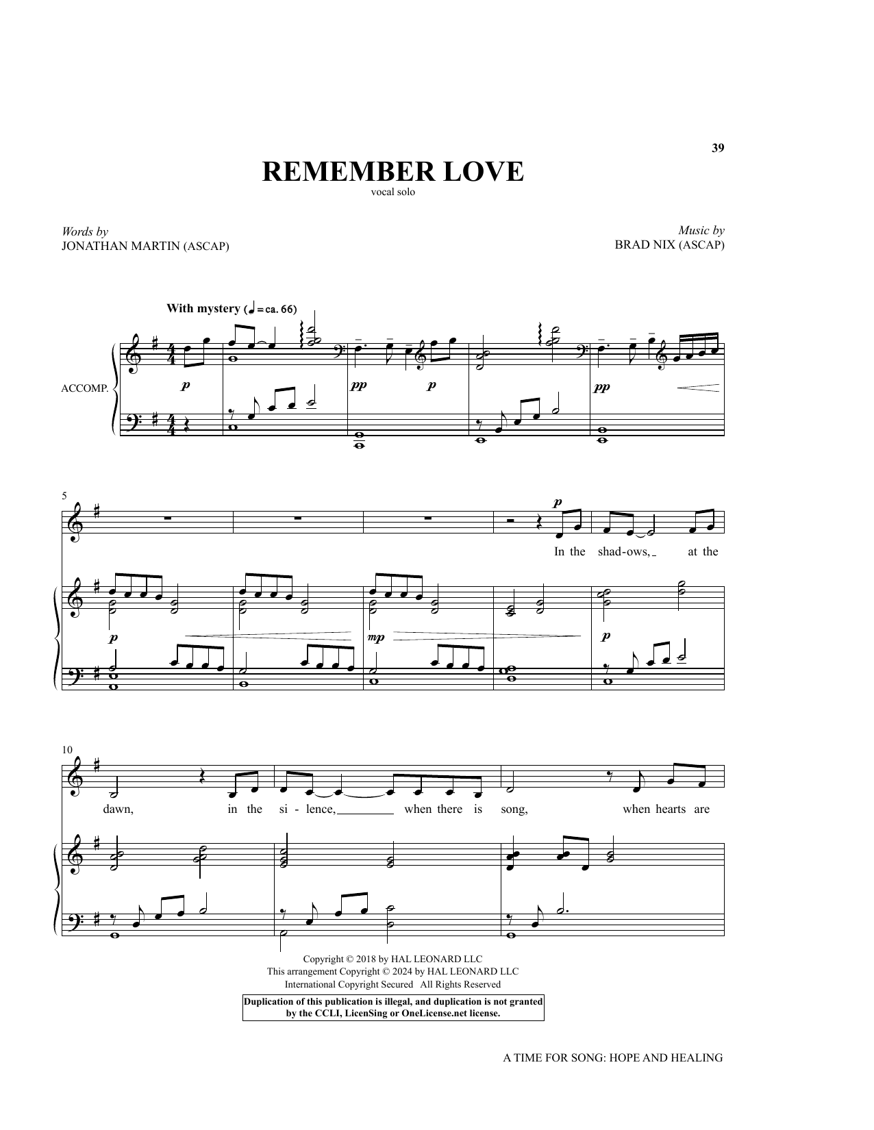 Download Brad Nix and Jonathan Martin Remember Love Sheet Music and learn how to play Piano & Vocal PDF digital score in minutes