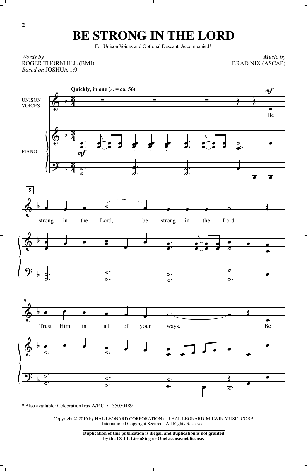 Download Brad Nix Be Strong In The Lord Sheet Music and learn how to play Unison Voice PDF digital score in minutes
