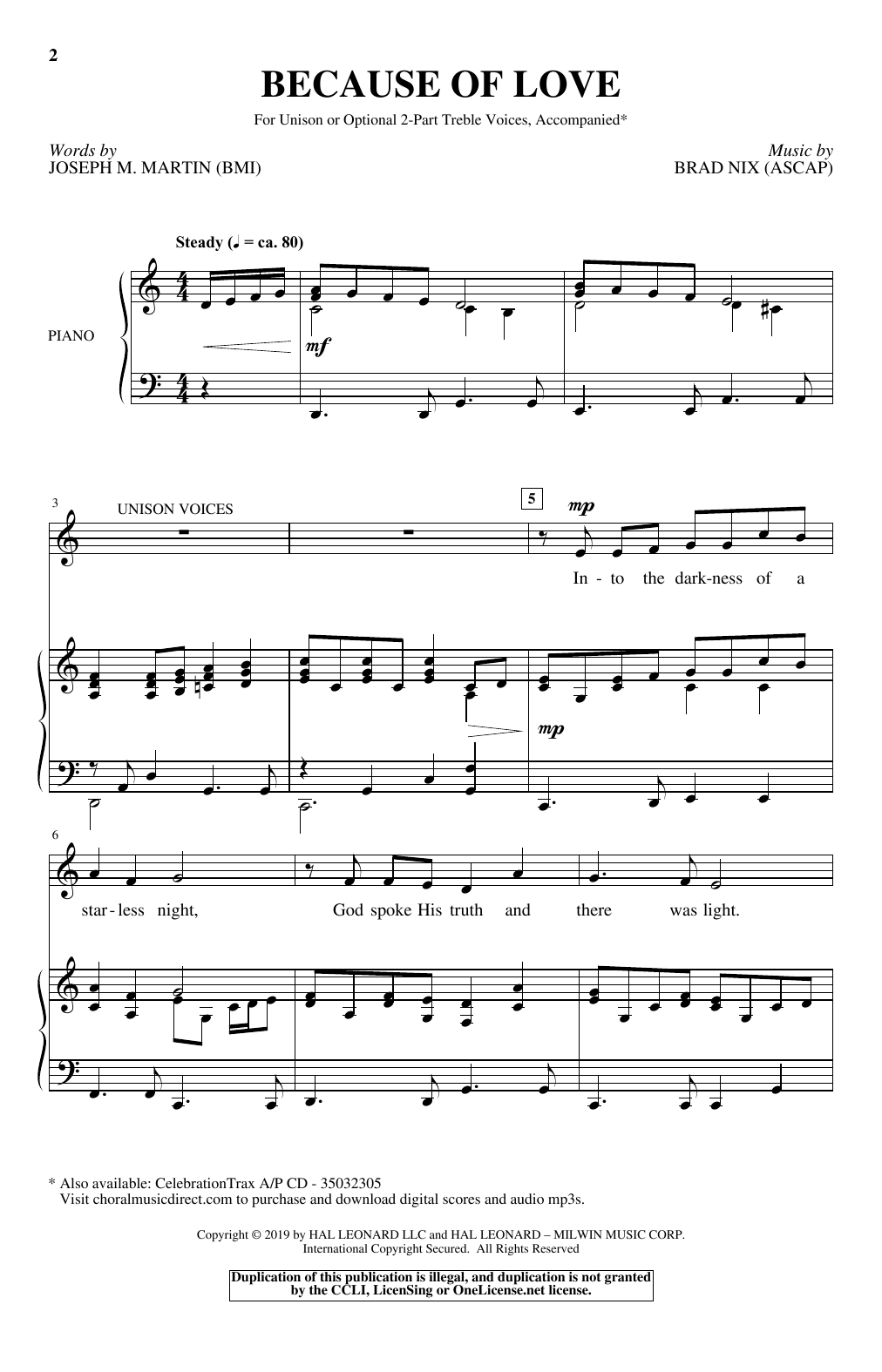 Download Brad Nix Because Of Love Sheet Music and learn how to play Unison Choir PDF digital score in minutes