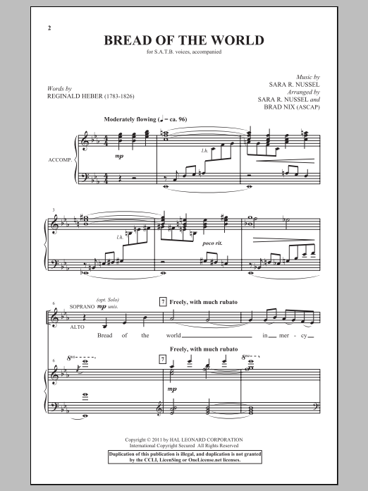 Download Sara R. Nussel Bread Of The World (arr. Brad Nix) Sheet Music and learn how to play SATB PDF digital score in minutes