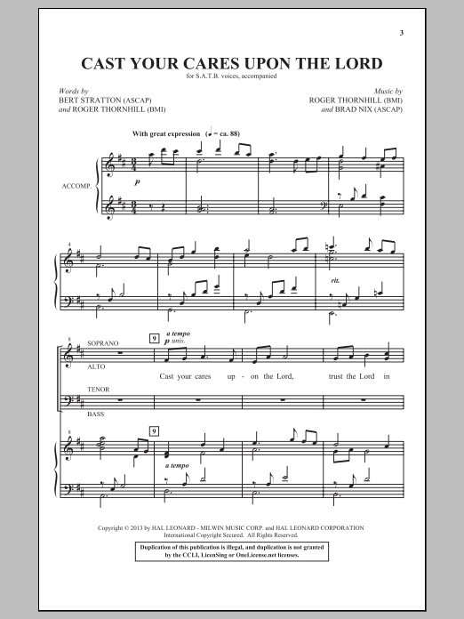 Download Brad Nix Cast Your Cares Upon The Lord Sheet Music and learn how to play SATB PDF digital score in minutes