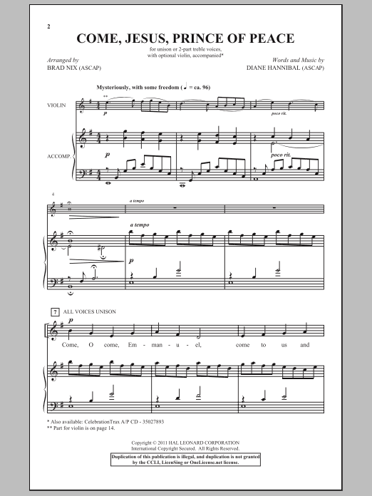 Download Diane Hannibal Come, Jesus, Price Of Peace (arr. Brad Nix) Sheet Music and learn how to play 2-Part Choir PDF digital score in minutes