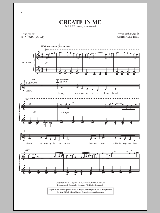 Download Kimberley Hill Create In Me Sheet Music and learn how to play SATB PDF digital score in minutes